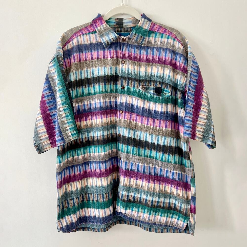 Vintage 90s Multicolor Ikat Print Short Sleeve Button Down Collared Shirt